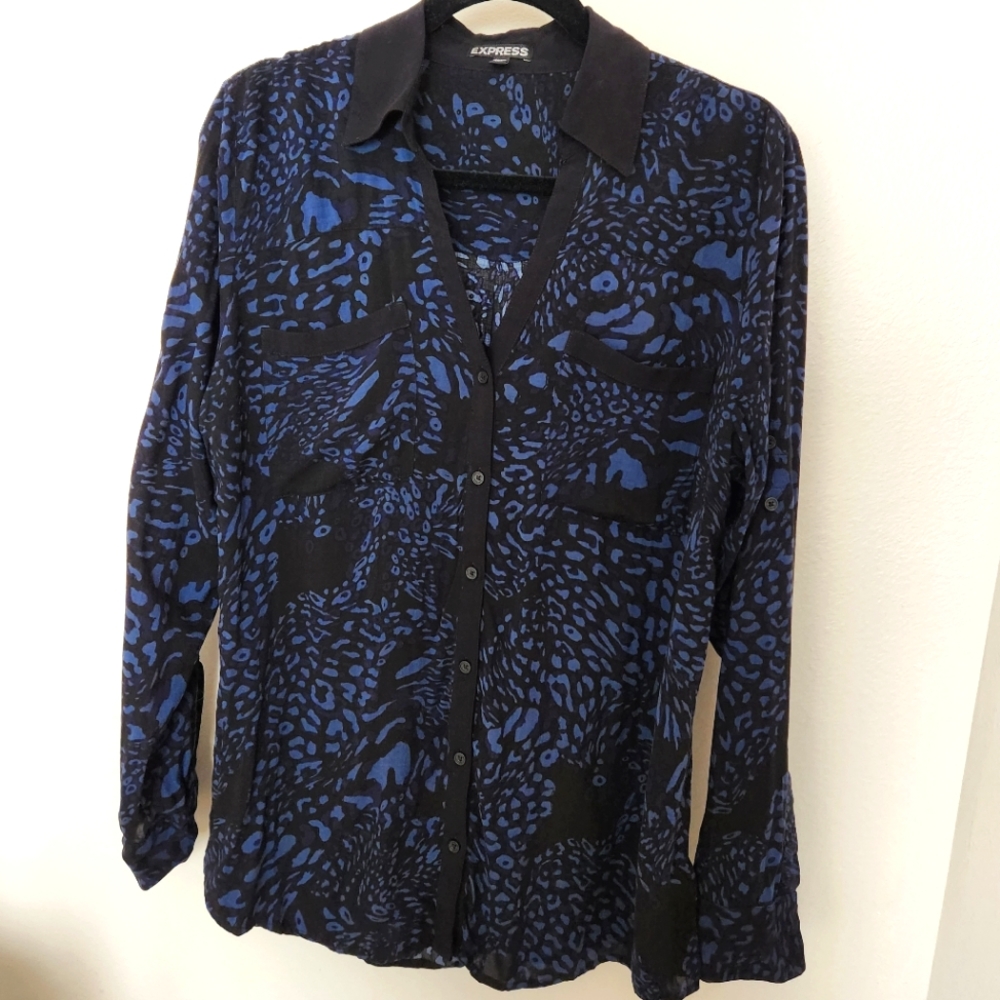 Express - Long Sleeve Button Down Shirt - Black & Blue Animal Print - Size L